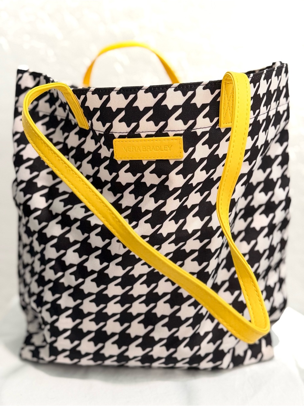 Vera Bradley Black & White Houndstooth Tote with Yellow Handles